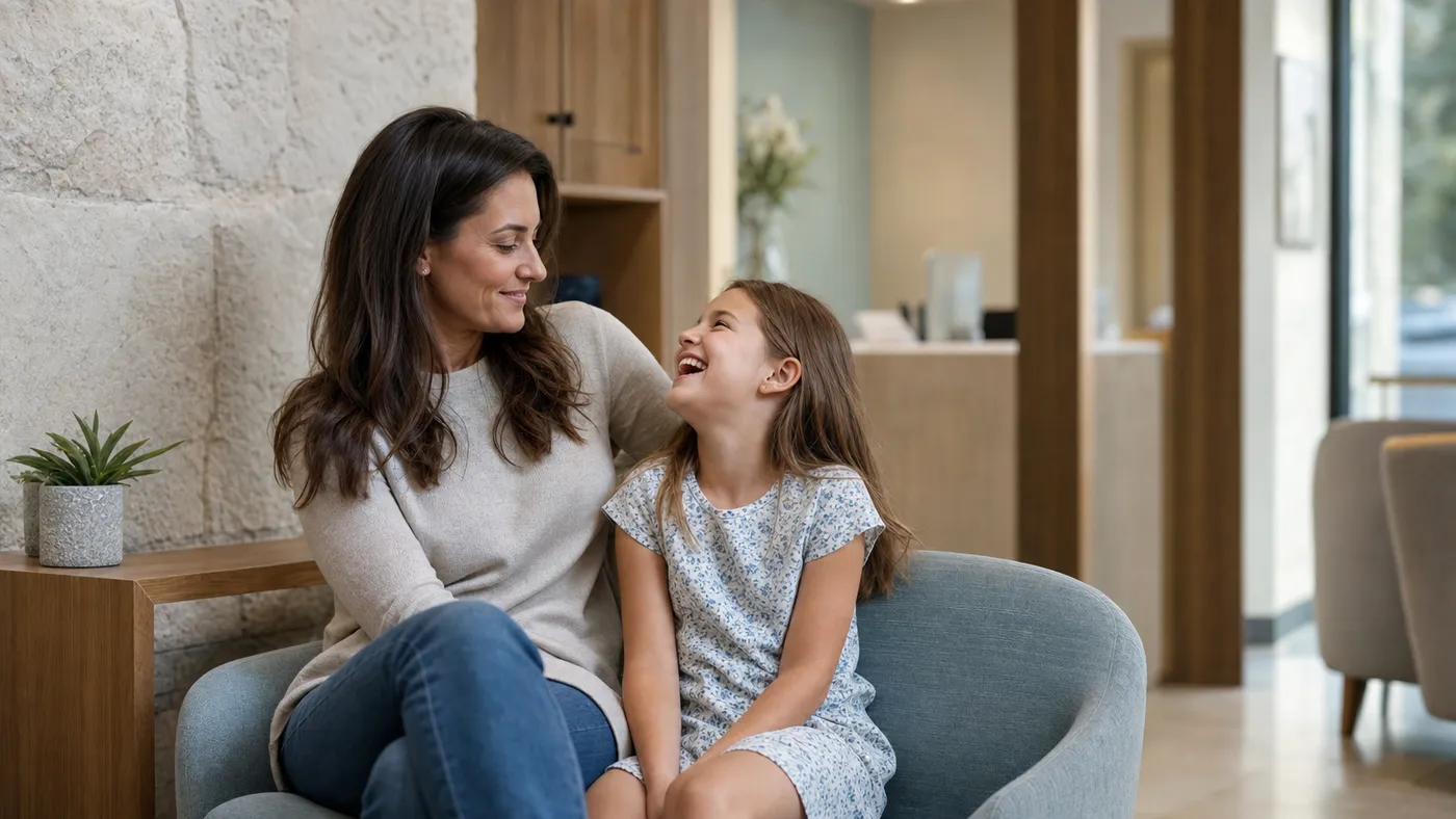 A parent and young child sitting together in a dental waiting room, laughing