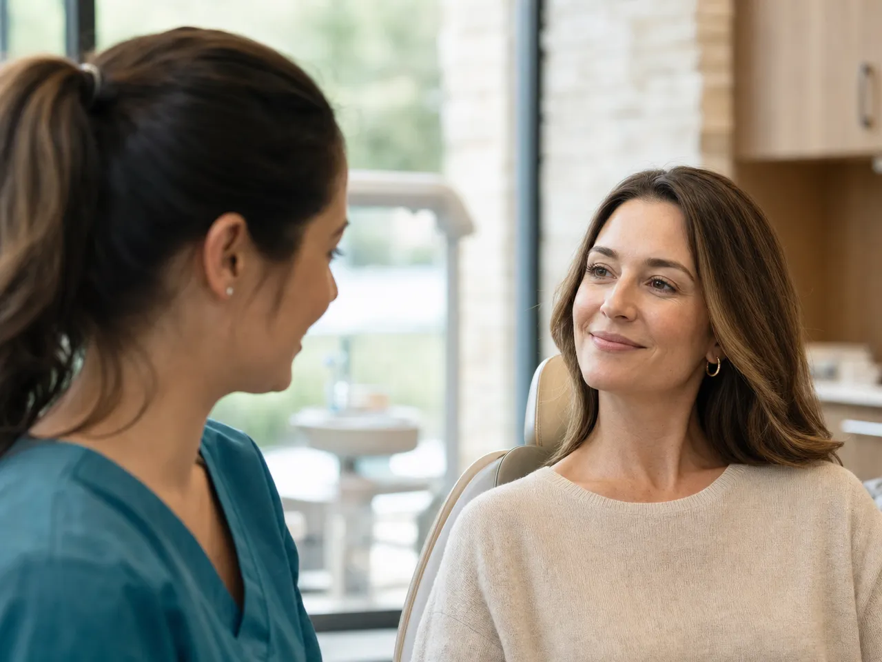 A dental hygienist and a seated patient talking at eye level in a treatment room
