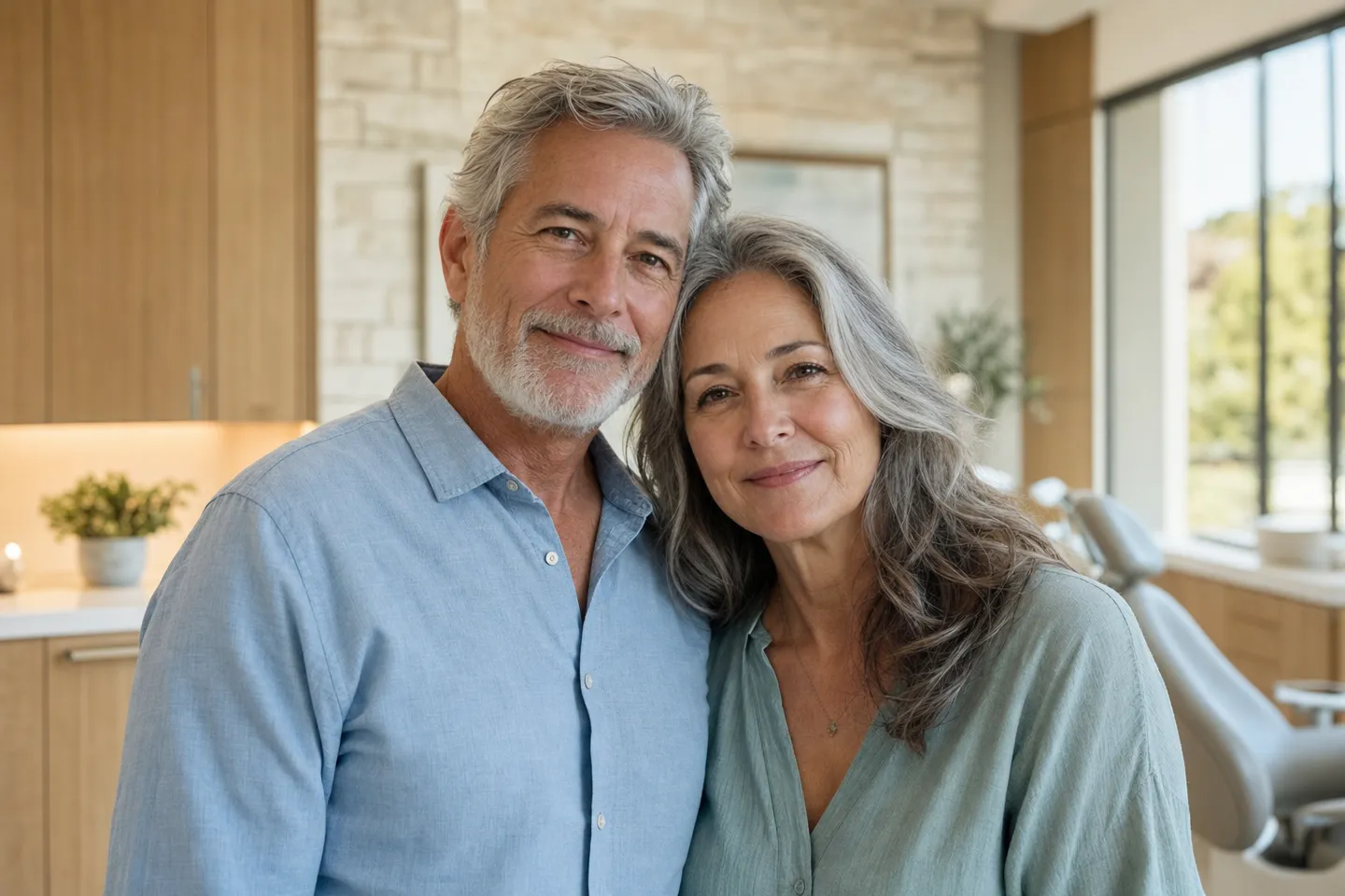 A couple in their sixties standing together, relaxed and smiling
