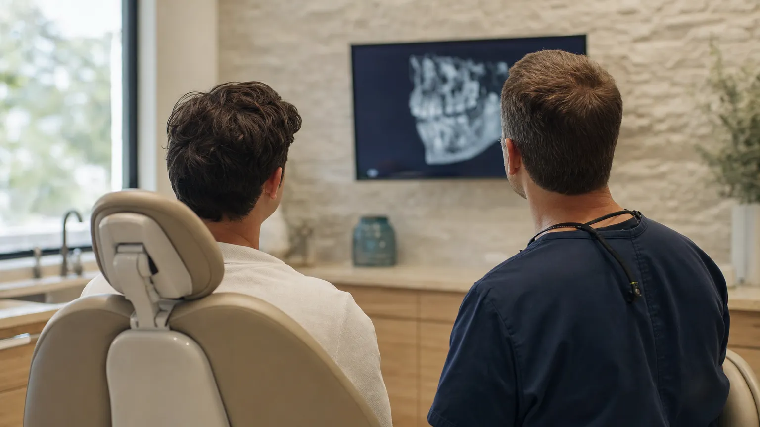 A dentist and a patient reviewing a dental scan together on a wall-mounted screen